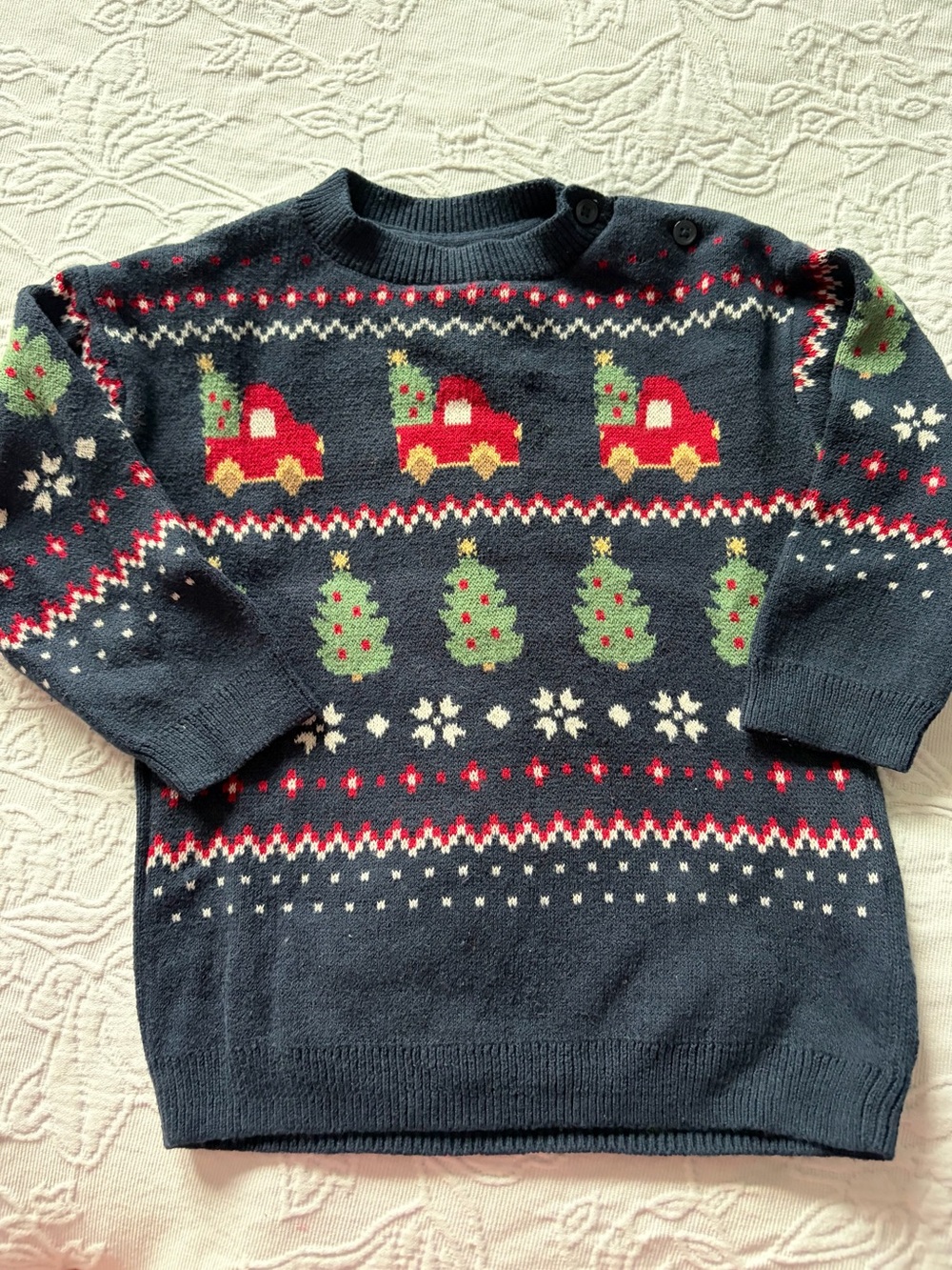 H&m Navy Holiday Knit Sweater with Red Truck and Green Trees boys 18m